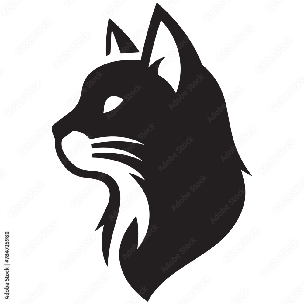 Cat head icon. Simple stylized pet face pictogram, black silhouette with eyes and nose. 