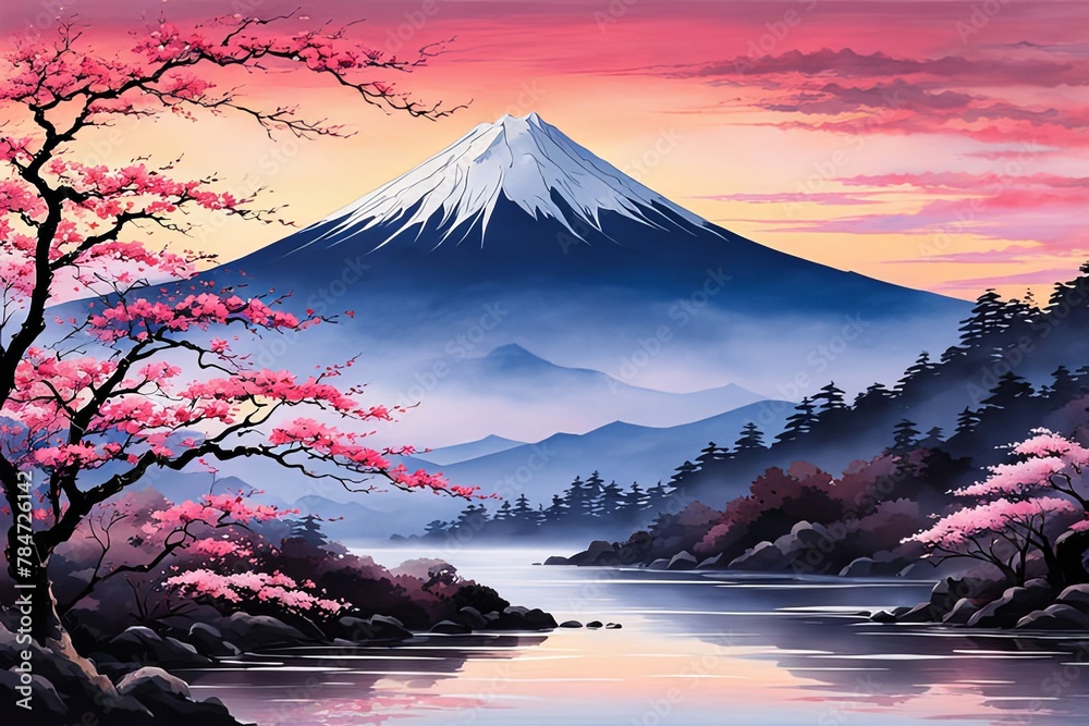 Mount Fuji at sunset, capturing majestic silhouette of mountain against vibrant, colorful sky as sun dips below horizon, creating tranquil scene. For art, creative projects, fashion, style, magazines. - obrazy, fototapety, plakaty 