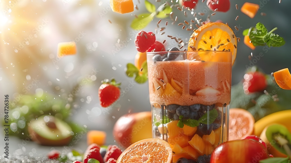 Energetic burst of a smoothie blending with flying fruits and vegetables symbolizing vitality and nutritious choices Energetic burst of a smoothie blending with flying fruits and vegetables symbolizing vitality and nutritious choices
