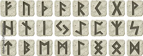 Viking runes, celtic alphabet with ancient runic signs on stone, scandinavian letters. Abc nordic font. Elements for computer games or ui graphic design. Cartoon isolated vector illustration. photo