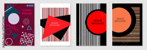 Geometric cover design, set. Abstract unusual background in the style of Memphis. Bright geometric shapes in random order