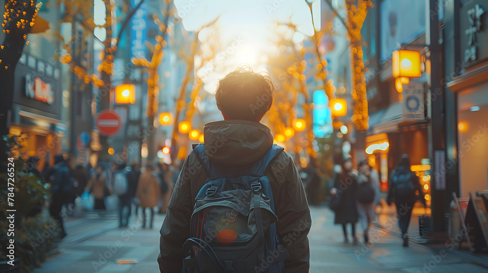 Back view of a solo traveler with a backpack wandering through busy city streets illuminated by the warm glow of sunset and street lights