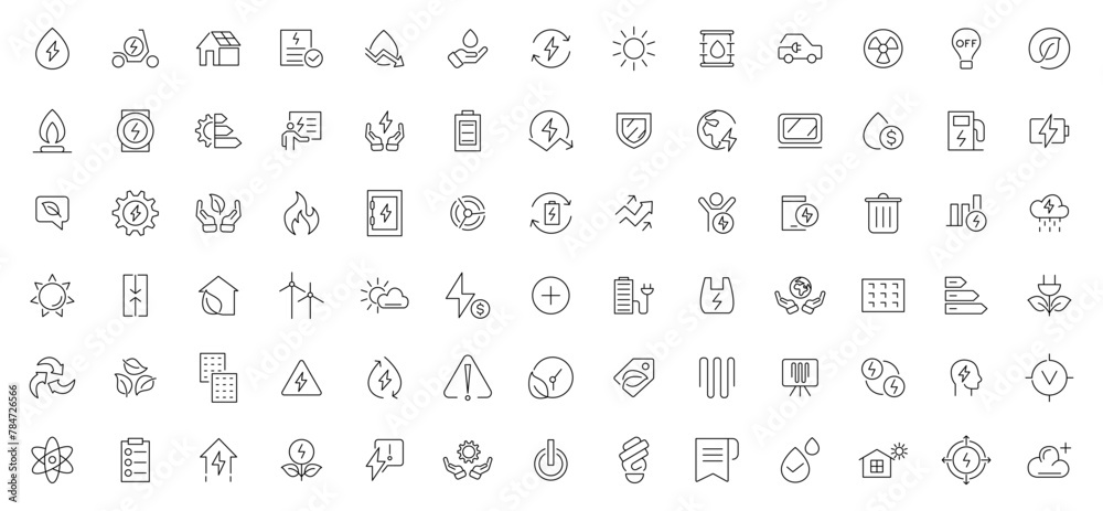 Energy efficiency icon set. Energy, electrical energy, electricity. UI icons collection. Energy-saving light bulb, piggy bank, solar panel, battery, home insulation, energy outline icon collection