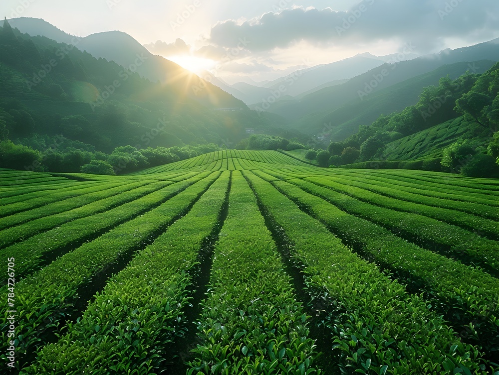 Serene Traditional Tea Garden Nestled in Lush Mountain Landscape with Rows of Cultivated Tea Bushes