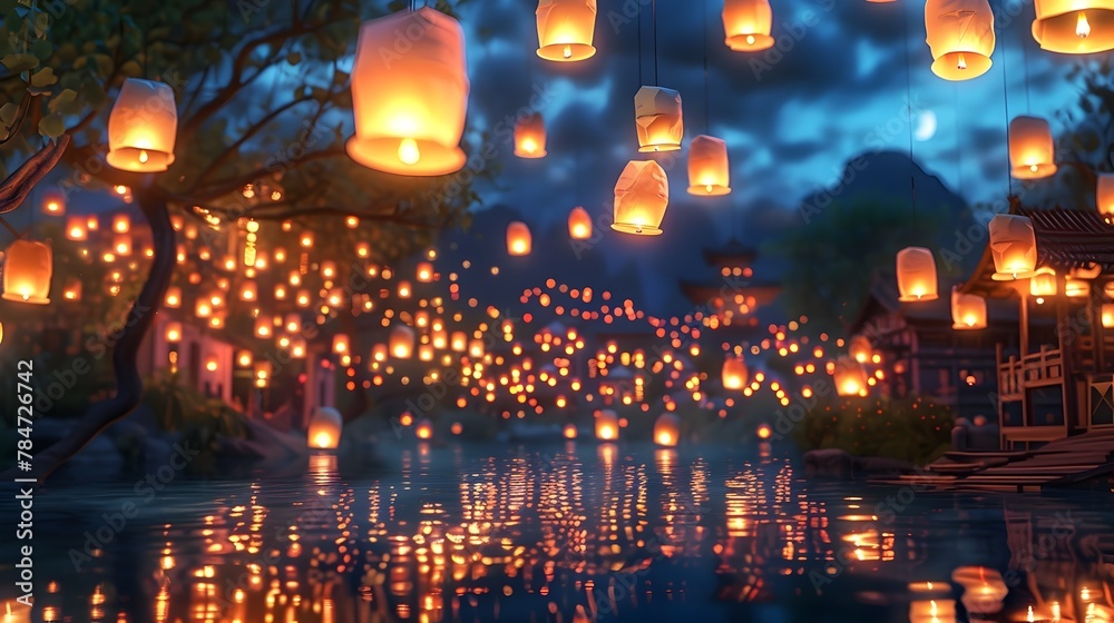 Captivating Lantern Festival Lights Floating Into the Serene Night Sky Collective Wish for Peace and Happiness