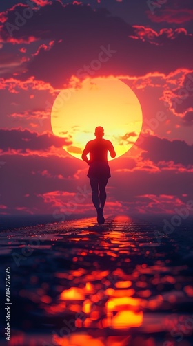 Solitary Figure Walking Towards Vibrant Sunset Reflection on Tranquil Coastal Landscape