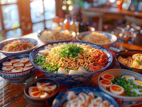 Diverse and Delightful Asian Cuisine Spread on a Rustic Wooden Table