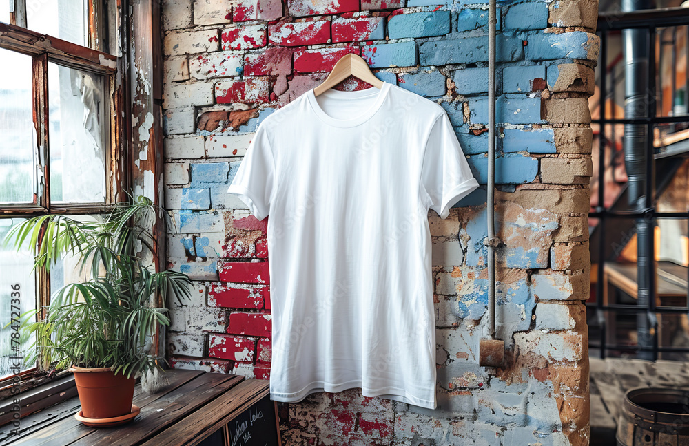 Mock up white t-shirt for logo, text or design. T-shirt is on a hanger on a shabby interior background Mock up white t-shirt for logo, text or design. T-shirt is on a hanger on a shabby interior background