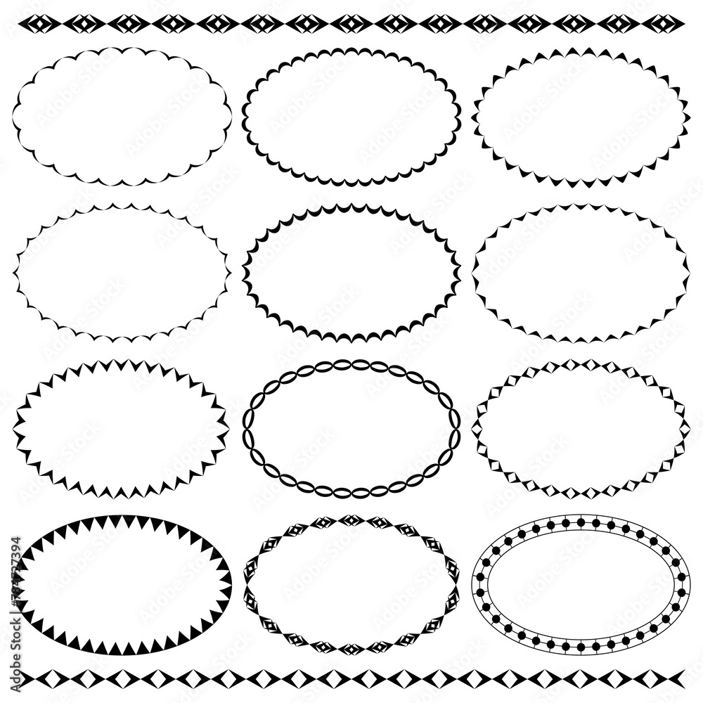 Vector set of oval narrow frames and two seamless black brushes Vector set of oval narrow frames and two seamless black brushes