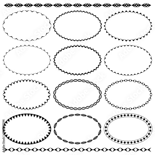 Vector set of oval narrow frames and two seamless black brushes