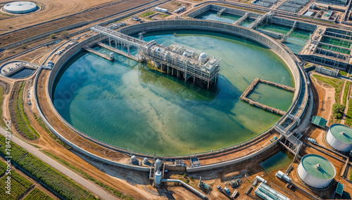 Aerial view of a water treatment plant with a large circular settling tank at the center. Generative AI