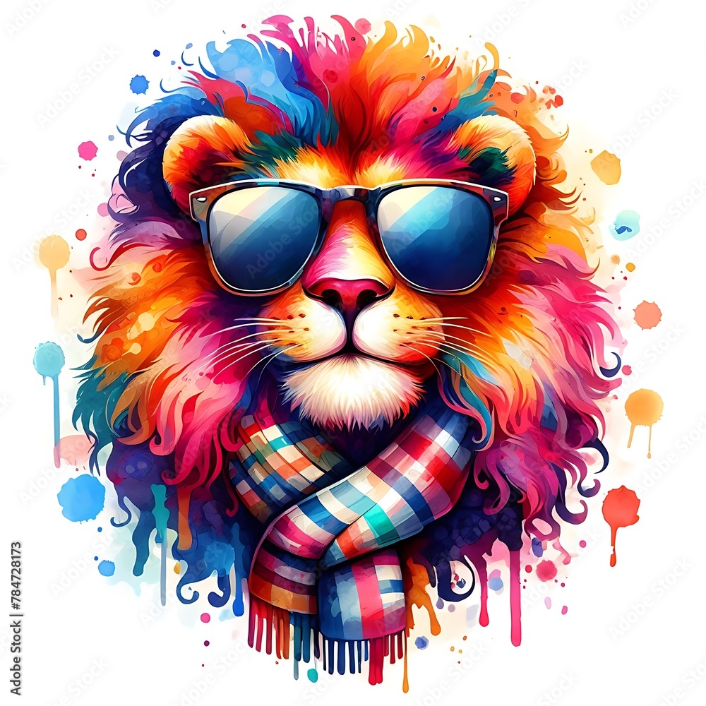 Cartoon Lion: Abstract Watercolor Painting with Colorful Details and Sunglasses, Perfect for T-shirt Prints or High-Quality Wall Art.