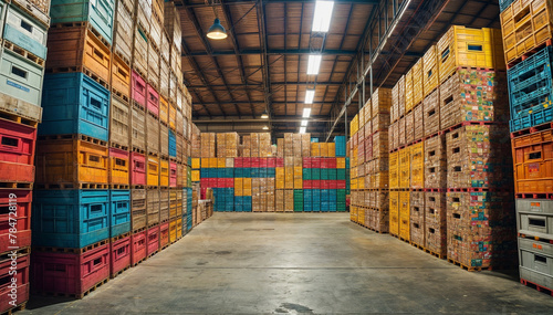 A large warehouse with tall shelves stacked with boxes in various colors and sizes. Generative AI