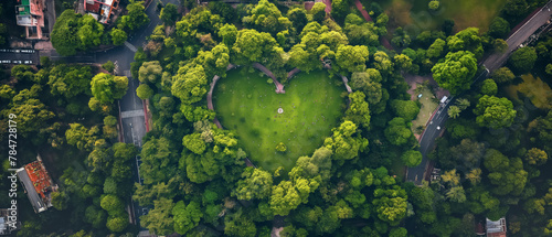 Lawn in green city park shaped as heart, aerial view from above. Generative AI