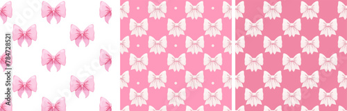 Coquette pink bow ribbon seamless pattern  elegant cute fabric print wallpaper on light background.