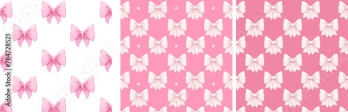 Coquette pink bow ribbon seamless pattern, elegant cute fabric print wallpaper on light background.