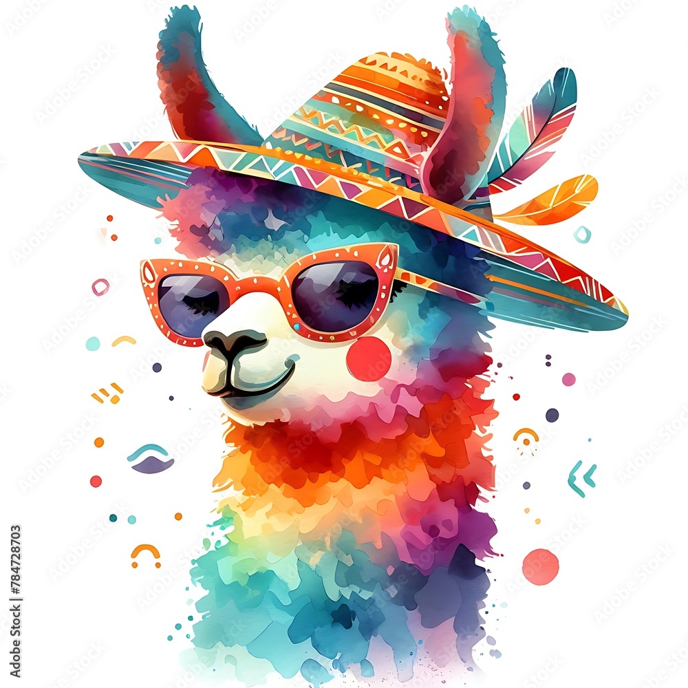 Fototapeta premium Cartoon Llama: Abstract Watercolor Painting with Colorful Details and Sunglasses, Perfect for T-shirt Prints or High-Quality Wall Art.