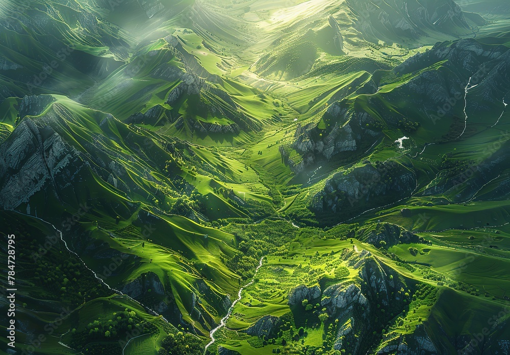 a green mountain with a river running through it