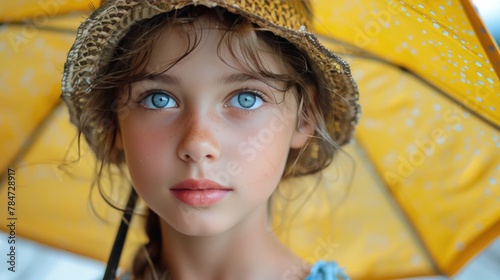 Young Girl Wearing Straw Hat and Holding Umbrella