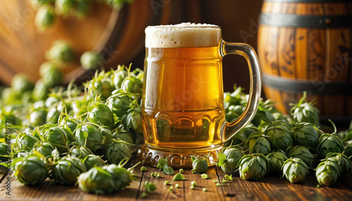 Big mug of beer sits on a table surrounded by green hops. Generative AI