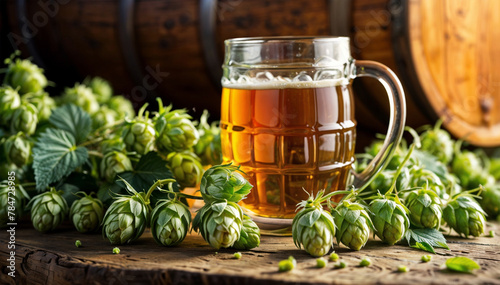 Big mug of beer sits on a table surrounded by green hops. Generative AI