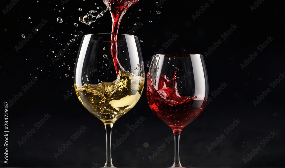 Two glasses of red and white wine with splash reflect one another on ...