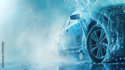 Car wash with many foam soap isolated on blue color background. AI generated image.