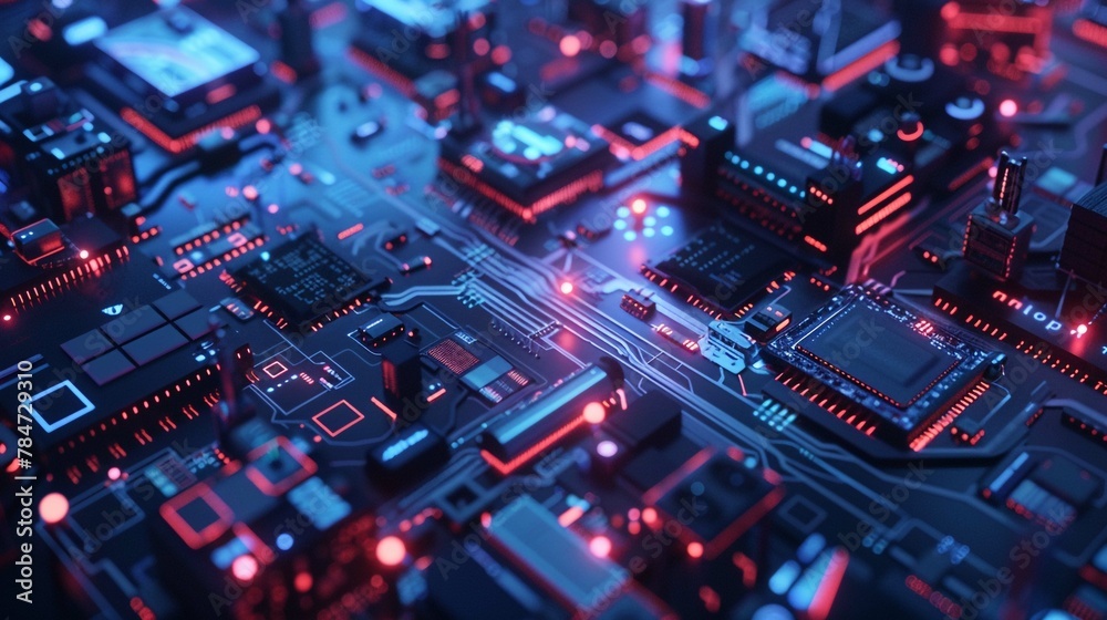 Futuristic Technology Concept of a Blue and Red Circuit Board. Generative Ai Image