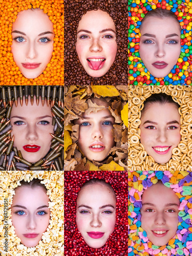 Collage of female faces - top view