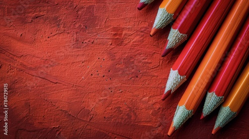 Row of Colored Pencils Against Red Wall photo