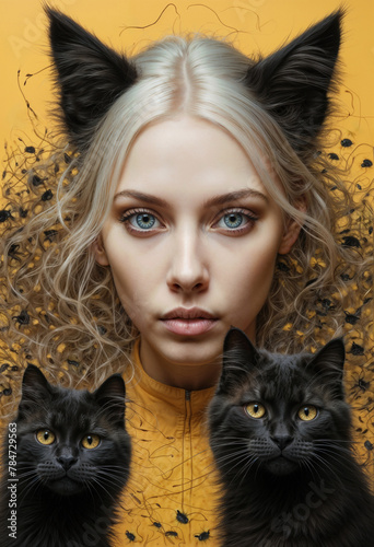 A surreal digital artwork depicting a beautiful blonde woman with cat ears and piercing blue eyes, surrounded by two black cats against a golden floral background.