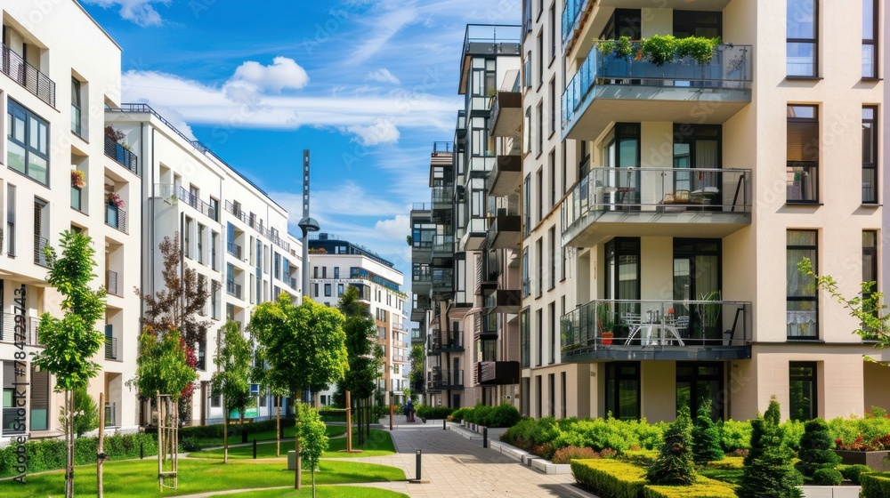 EU Modern european complex of apartment buildings. And outdoor facilities. Mixed media.