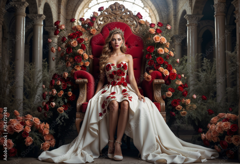 A person in a floral dress sits on an ornate throne, surrounded by flowers. The scene is elegant, highlighting the vibrant flowers and intricate details of the dress and chair.