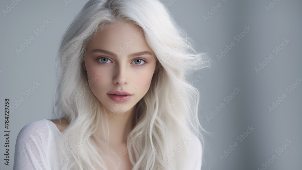 Studio portrait of a young platinum blond model with a flawless complexion. Skin care and cosmetics. A natural look.
