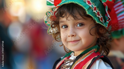 Republic Day in Italy, portrait of a small curly-haired boy in a national Italian costume, a happy smiling child