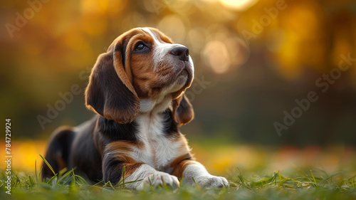 Outdoor portrait of a purebred basset hound puppy. Copy space. photo