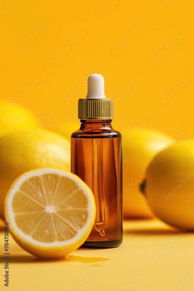 Amber glass dropper bottle with fresh lemons on a vibrant yellow background. Amber glass dropper bottle with fresh lemons on a vibrant yellow background.