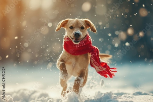 A playful dog running in the snow, suitable for winter-themed designs