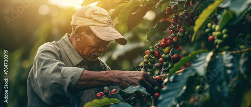 Coffee picker or farmer, older man in work shirt and cap, working near shrubs with red and green berries. Generative AI	 photo