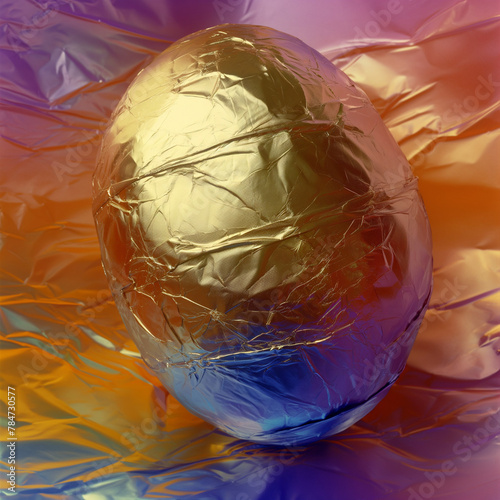 Golden Foil Wrapped Easter Egg Against Multicolored Background