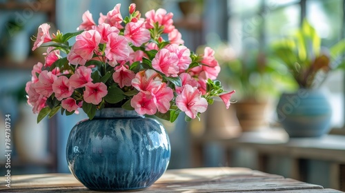 Blue Vase Filled With Pink Flowers on Table