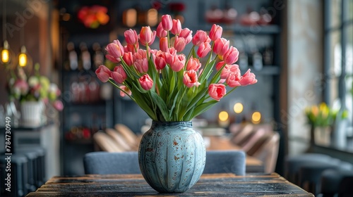Blue Vase Filled With Pink Flowers on Table