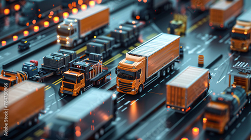 Logistics Technology. Futuristic Cargo Transport: Trucks on Illuminated Highway. Transport trucks on a high-tech glowing highway at night.