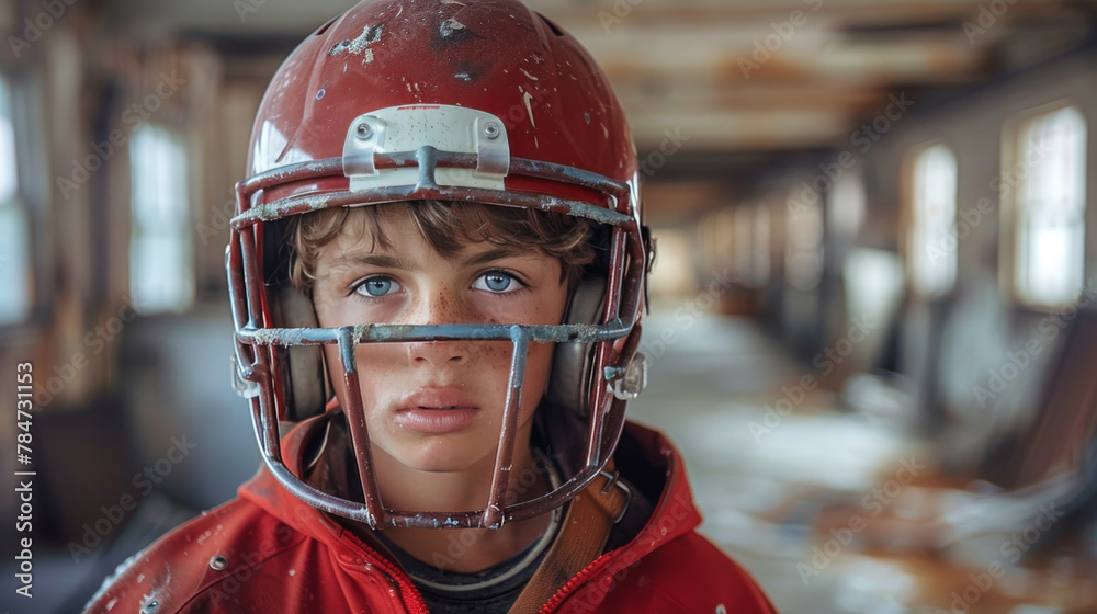 Young Boy Wearing Football Helmet in a Hallway Young Boy Wearing Football Helmet in a Hallway
