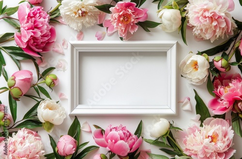 White Frame Surrounded by Pink and White Flowers