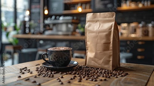 A Cup of Coffee and Bag of Coffee Beans