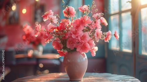 Blue Vase Filled With Pink Flowers on Table
