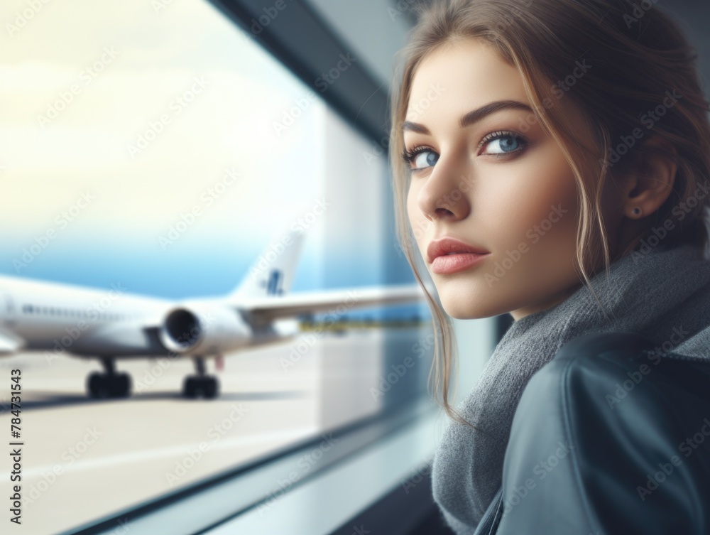 A woman looking out a window at an airplane