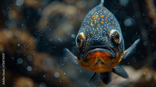  A Red-bellied piranha lurks in the shadows of an underwater cave, its eyes glowing menacingly under the dim light filtering through the water photo