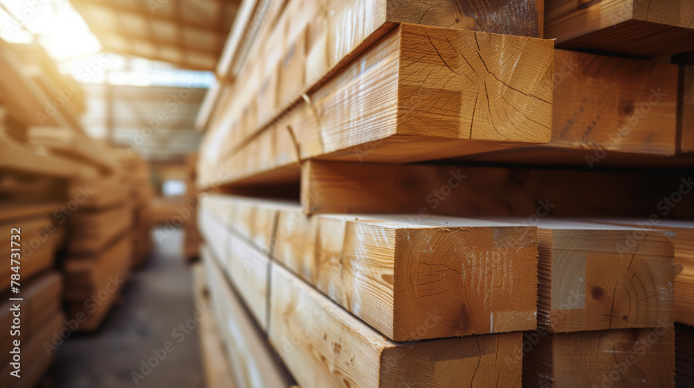 Stacked Lumber at a Timber Warehouse Close-Up. Wood Planks Storage in Industrial Lumberyard Setting Stacked Lumber at a Timber Warehouse Close-Up. Wood Planks Storage in Industrial Lumberyard Setting